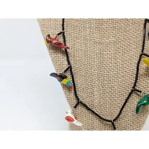 Black Beaded Wooden Colorful Painted Bird Necklace - Picture 2 of 6